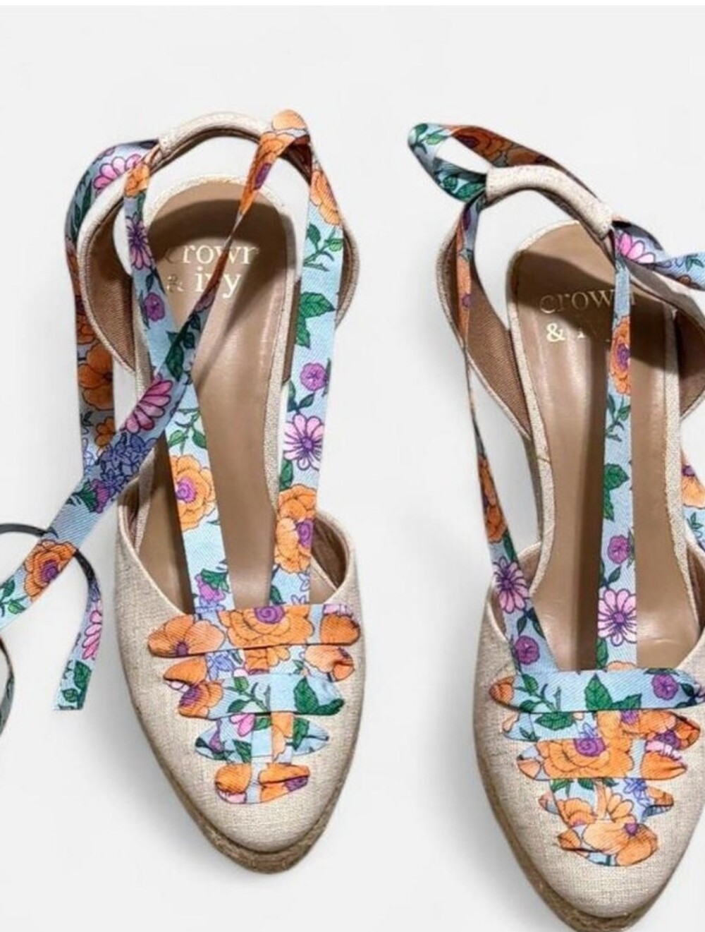 crown & ivy Cream Espadrille Wedges with Orange, Purple & Green Floral Straps